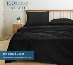 400 Thread Count 100% American Grown Cotton Flat Sheet - Cooling Sheets - Queen Sheets - Luxury Sateen Weave - Queen Flat Sheet Sold Separately - Soft Black Flat Sheet Only (Queen, Night Black)