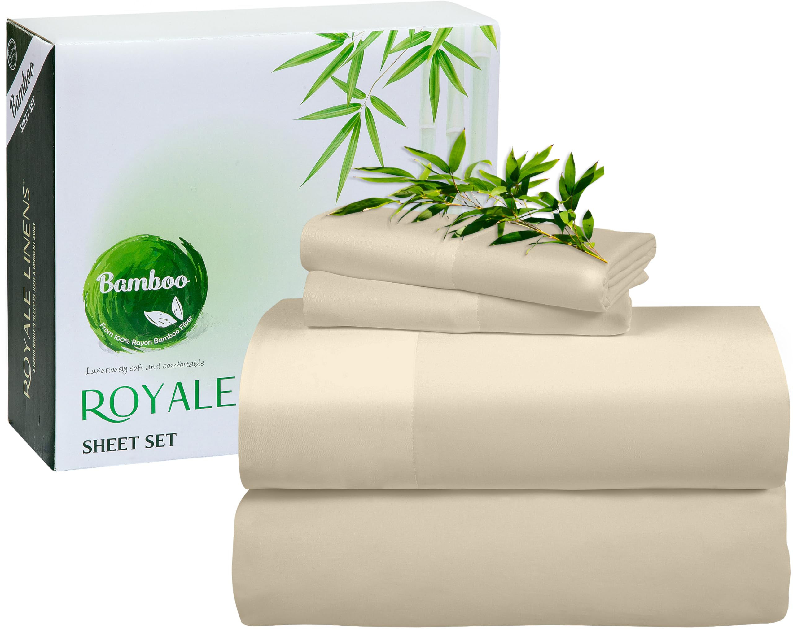 Royale Linens Bamboo Viscose Sheet Set - Cooling Bed Sheet Set - 1 Fitted, 1 Flat & 2 Pillowcase - Fits Up to 16" - Organic Viscose Derived from Bamboo - Bedding Sheet & Pillowcase (Sand)