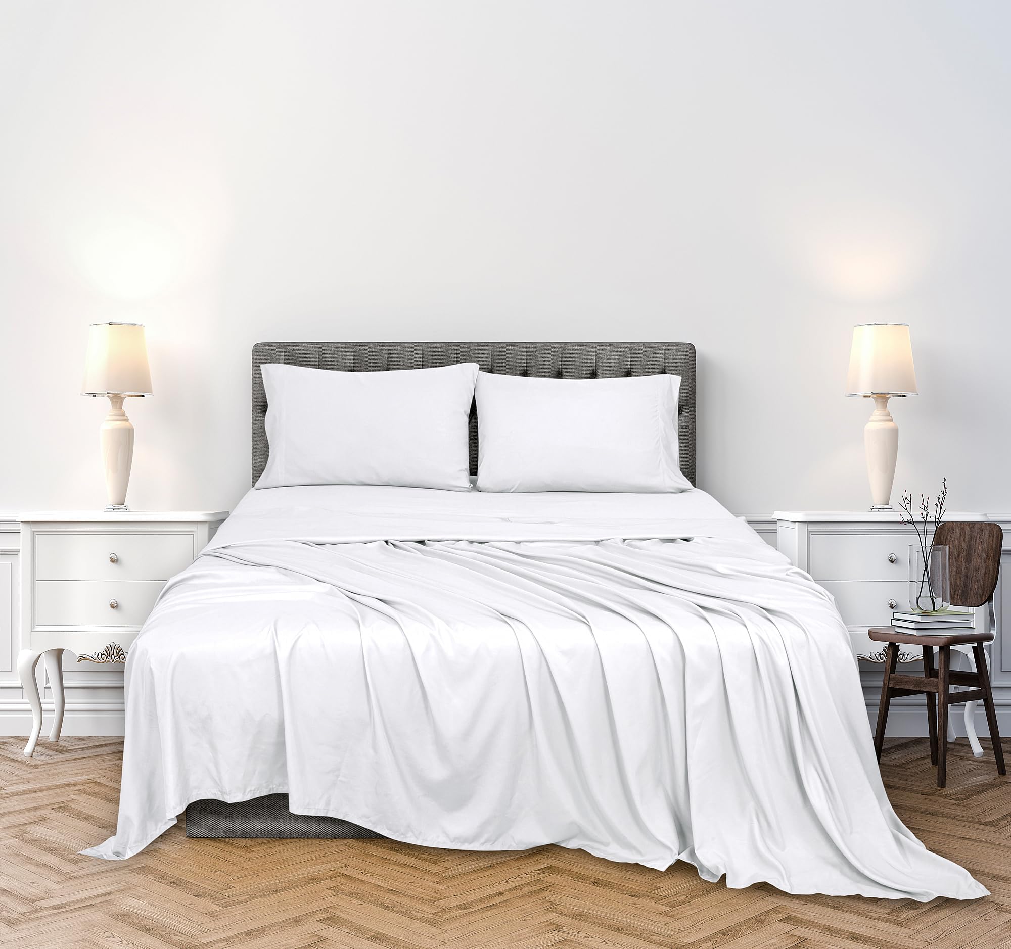 ROYALE LINENS 300 Thread Count 100% Long Staple Combed Cotton Sheet Set - 4 Piece Bed Sheet 1 Fitted Sheet, 1 Flat Sheet, 2 Pillow case - Breathable, Cool & Crisp Percale Sheet Set (White)