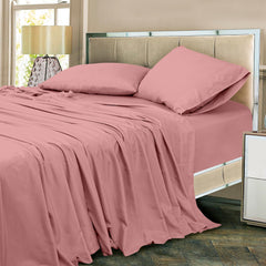 ROYALE LINENS 300 Thread Count 100% Long Staple Combed Cotton Sheet Set - 4 Piece Queen Bed Sheet 1 Fitted Sheet, 1 Flat Sheet, 2 Pillow Case - Breathable, Cool & Crisp Percale Sheet Set (Queen, Pink)