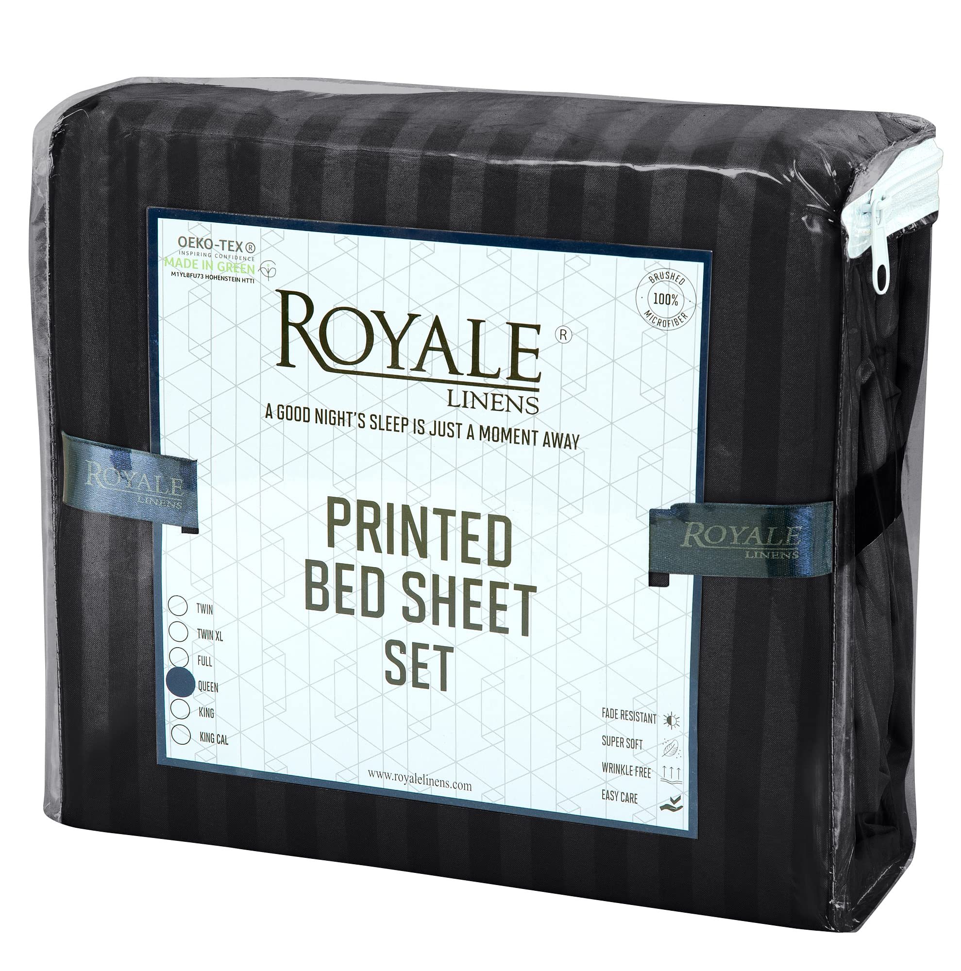 Royale Linen Striped Bed Sheet Set - Microfiber 1800 Bedding - 1 Fitted Sheet, 1 Flat Sheet, 2 Pillow case - Wrinkle & Fade Resistant - 4 Piece Damask Stripe Queen Bed Sheet Set (Stripe Black, Queen)