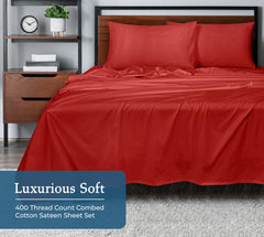 ROYALE LINENS 400 Thread Count 100% American Grown Cotton 4 Piece Sateen Queen Sheet Set - 1 Fitted Sheet, 1 Flat Sheet, 2 Pillow case - Red Queen Bedsheet - Cotton Sheets - (Queen, Red)