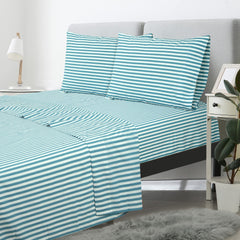 Royale Linens 300 Thread Count 100% Long Staple Combed Cotton Striped Sheet Set - 4 Piece Queen Bed Sheet - 1 Fitted Sheet, 1 Flat Sheet, 2 Pillowcase -Cool & Crisp Sheet Set (Queen, Stripe Lake Blue)