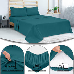 ROYALE LINENS 300 Thread Count 100% Long Staple Combed Cotton Sheet Set - 4 Piece Queen Bed Sheet 1 Fitted Sheet, 1 Flat Sheet, 2 Pillow Case - Breathable, Cool & Crisp Percale Sheet Set (Queen, Teal)