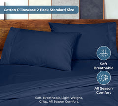 ROYALE LINENS 200 Thread Count 100% Long Staple Combed Cotton Pillowcases Set Of 2 - Ultra Soft - Queen Bed Pillow Cover - 20"x30" - Breathable, Cool & Crisp Percale White Pillow Cases (Queen, Navy)