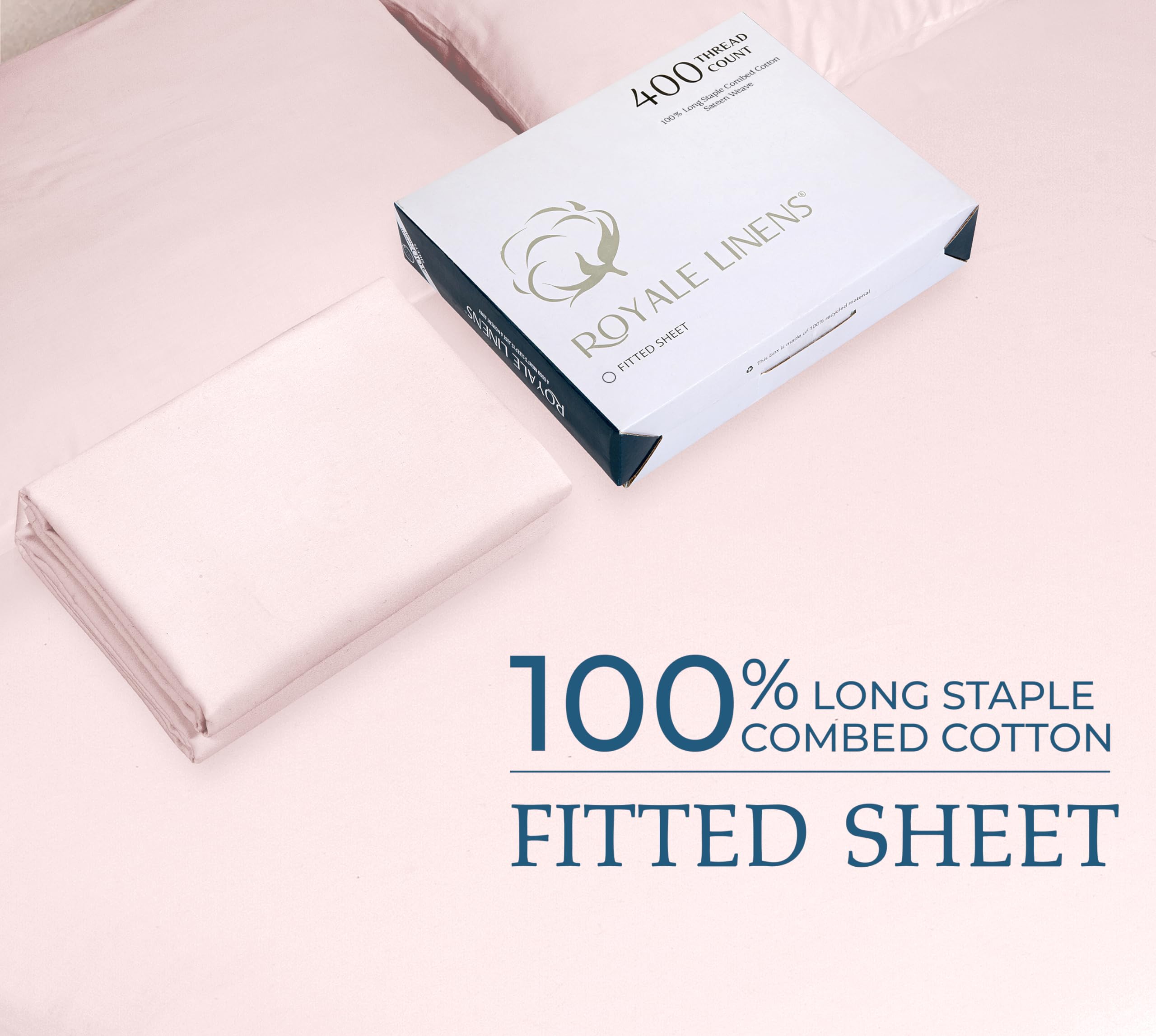 Royale Linens 400 Thread Count 100% American Grown Cotton Fitted Sheet Queen Size - All Around Elastic Fitted Sheet - Luxury Sateen Weave - Snug Fit Bottom Sheet Fit Up To 16 Inch (Queen, Kyoto Blush)