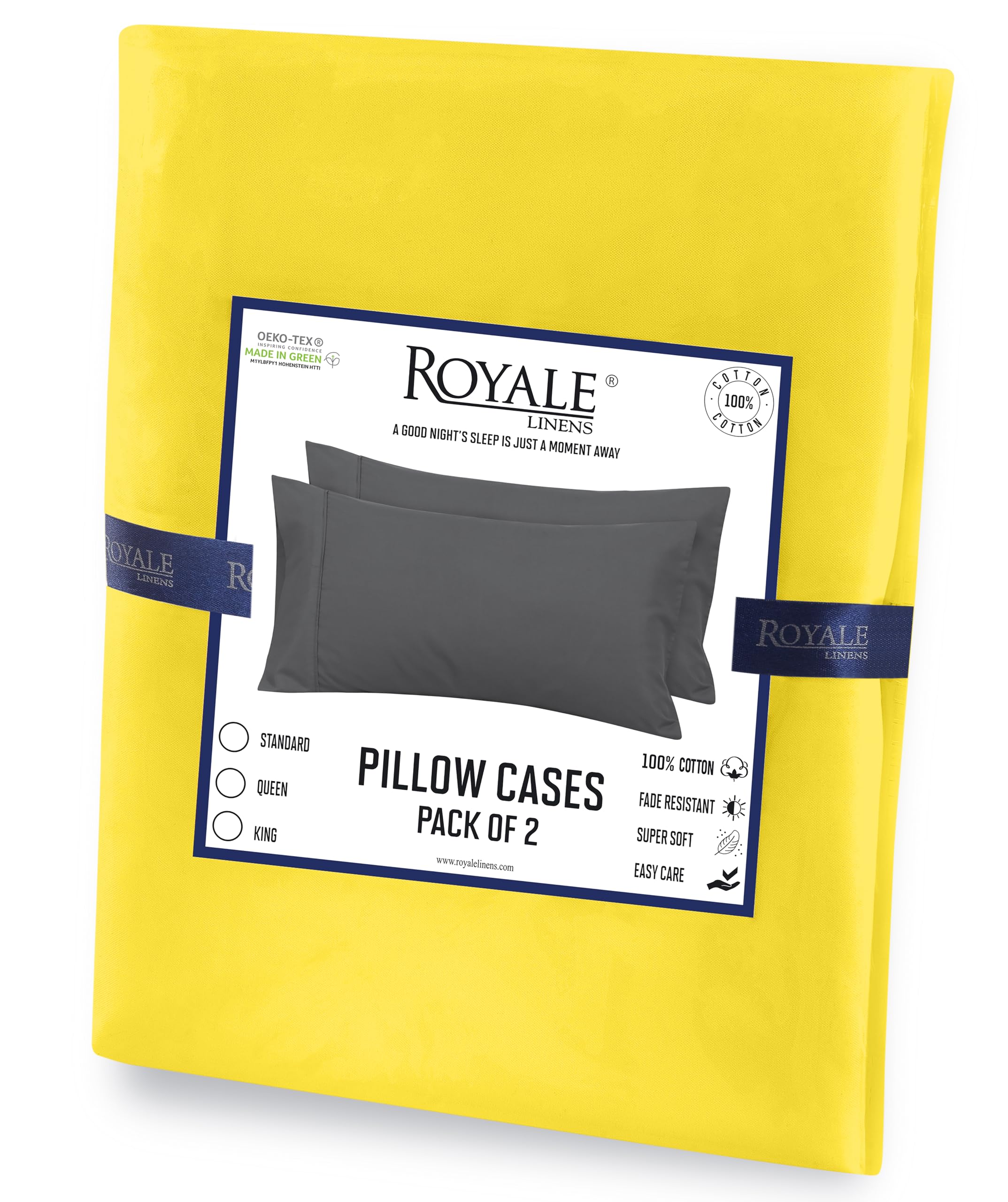 Royale Linens Queen Pillowcase Set of 2 - Bed Pillow Cover - 20" x 30" - Pillowcases - 1800 Brushed Microfiber, Wrinkle & Fade Resistant - Soft & Cozy- Queen Size Pillow Case (Queen, Yellow)