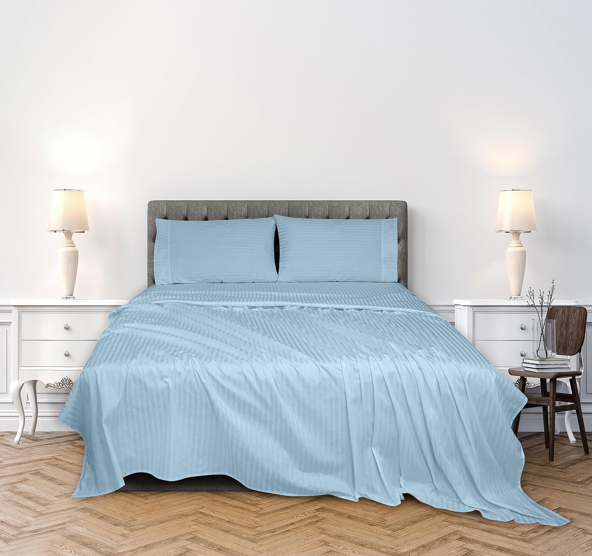 Royale Linens 300 Thread Count 100% Long Staple Combed Cotton Striped Sheet Set - 4 Piece Bed Sheet - 1 Fitted Sheet, 1 Flat Sheet, 2 Pillowcase -Cool & Crisp Sheet Set (Stripe Lake Blue)