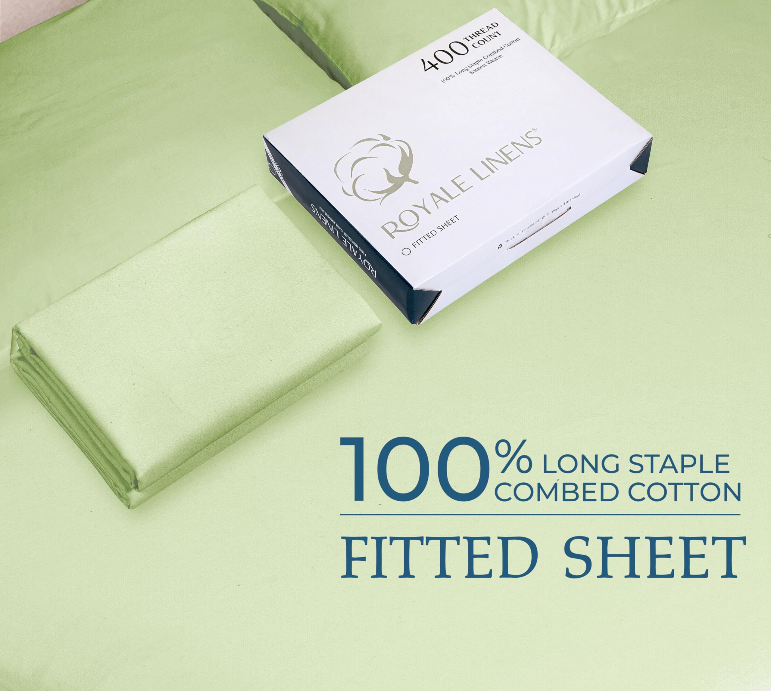 Royale Linens 400 Thread Count 100% American Grown Cotton Fitted Sheet Queen Size - All Around Elastic Fitted Sheet - Luxury Sateen Weave - Snug Fit Bottom Sheet Fit Up To 16" (Queen, Florentine Sage)