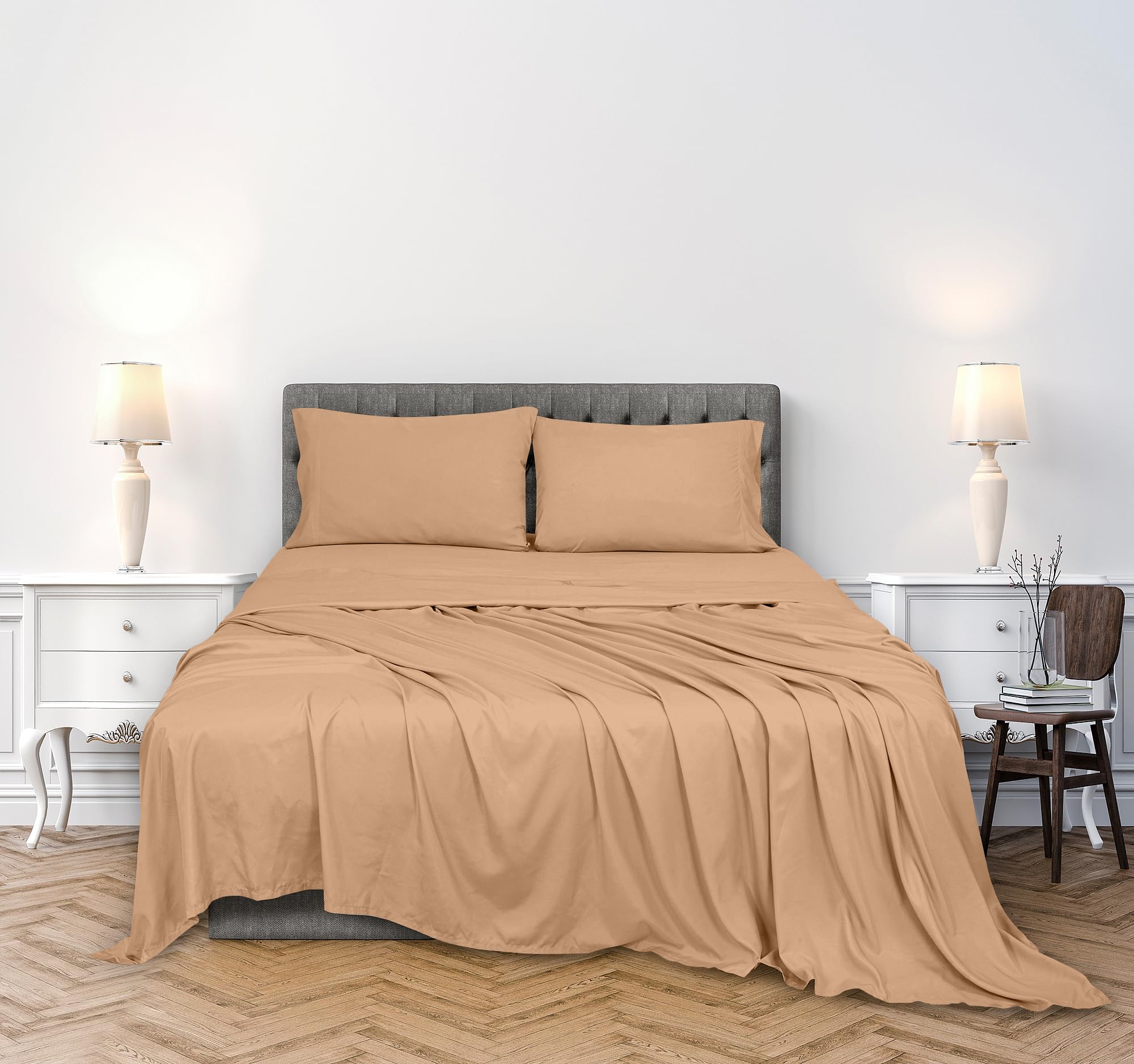 ROYALE LINENS 300 Thread Count 100% Long Staple Combed Cotton Sheet Set - 4 Piece Bed Sheet 1 Fitted Sheet, 1 Flat Sheet, 2 Pillow Case - Breathable, Cool & Crisp Percale Sheet Set ( Sand)