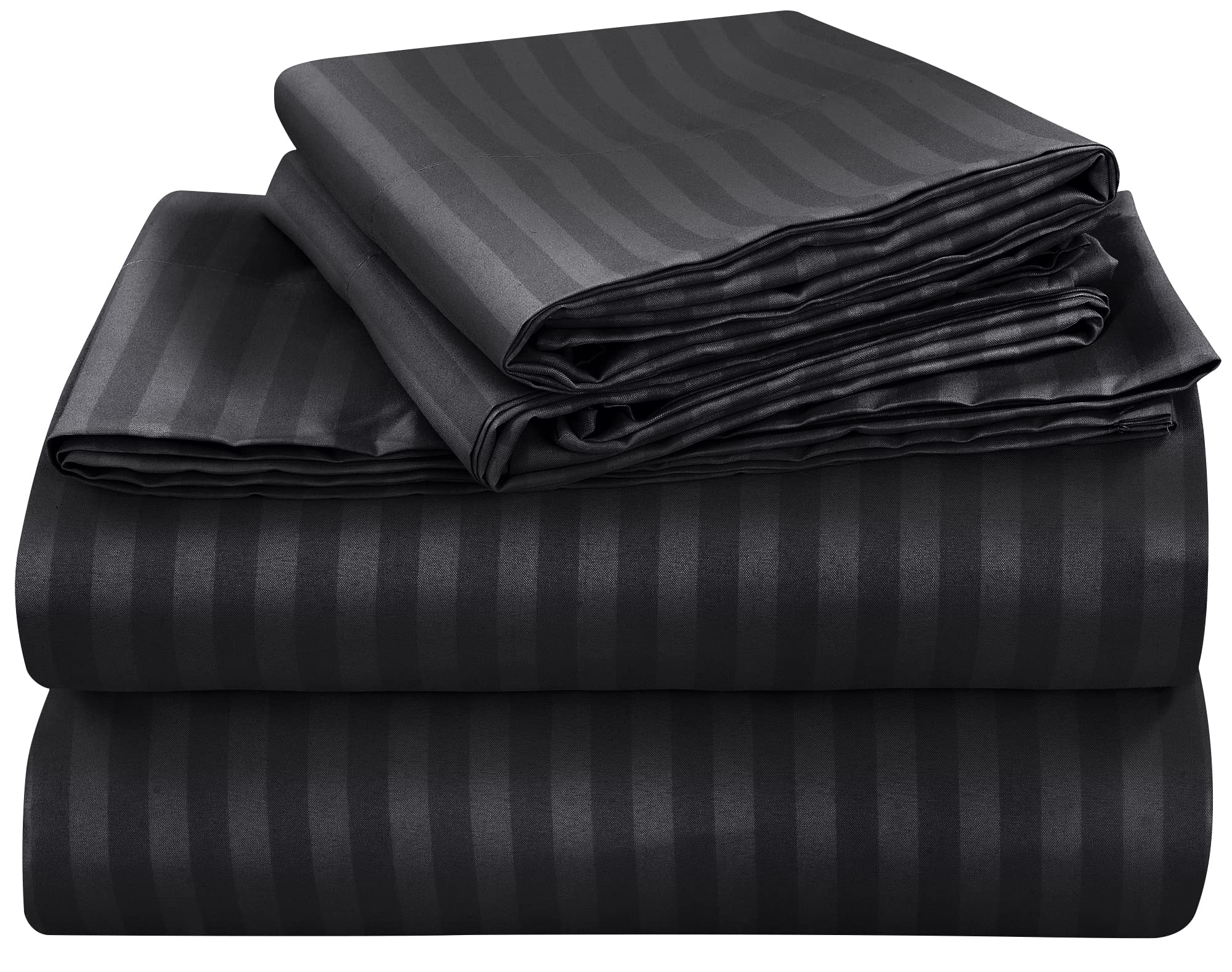 Royale Linen Striped Bed Sheet Set - Microfiber 1800 Bedding - 1 Fitted Sheet, 1 Flat Sheet, 2 Pillow case - Wrinkle & Fade Resistant - 4 Piece Damask Stripe Bed Sheet Set (Stripe Black)