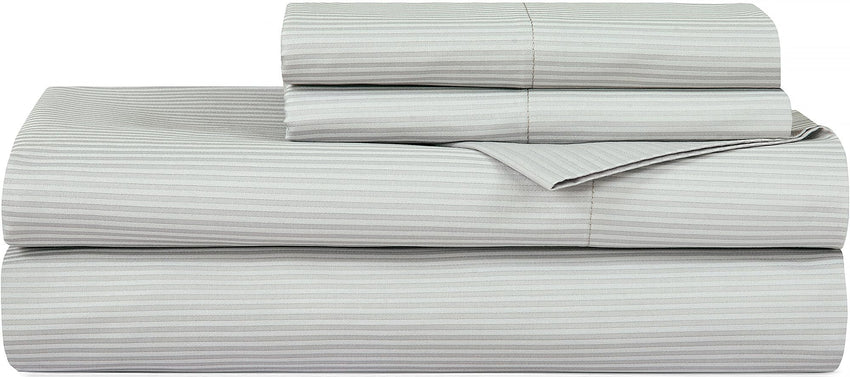 ROYALE LINENS 300 Thread Count 100% Long Staple Combed Cotton Narrow Stripe Sheet Set - 4 Piece Queen Bed - 1 Fitted Sheet, 1 Flat Sheet, 2 Pillow Case - Cool & Crisp Sheet Set (Queen, Grey Stripes)