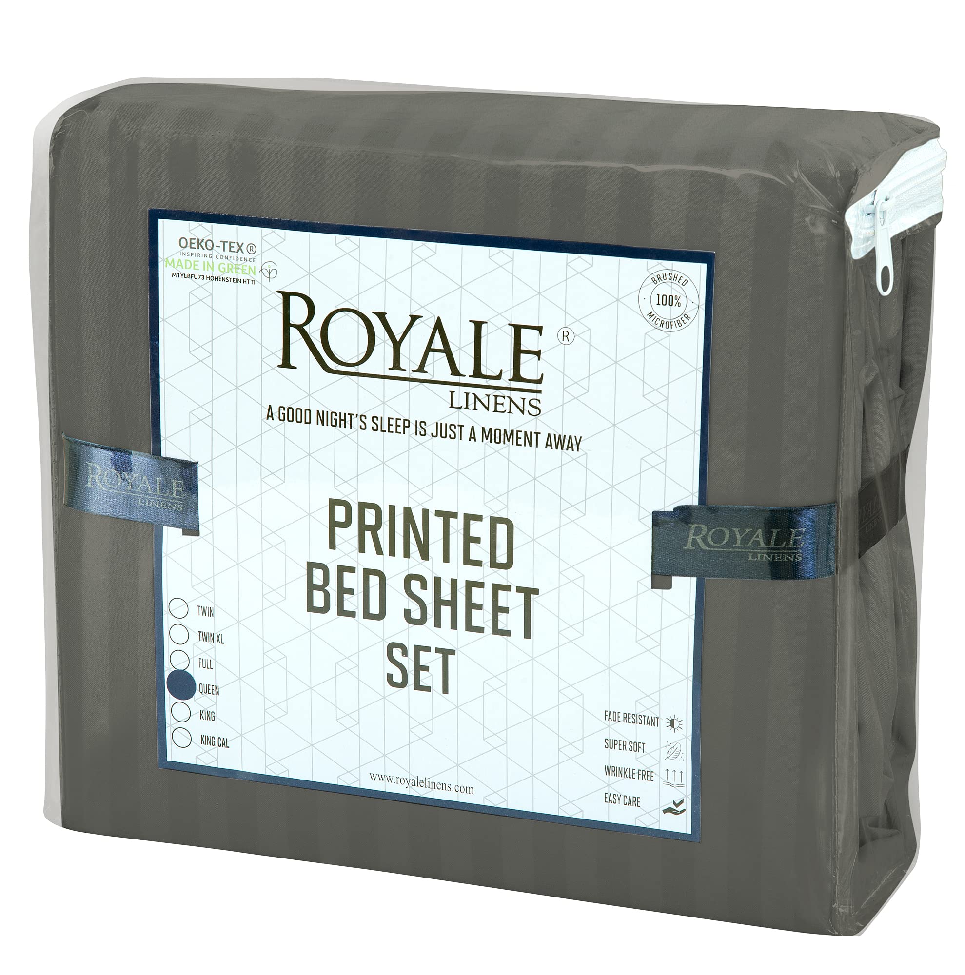 ROYALE LINENS Striped Bed Sheet Set - Microfiber 1800 Bedding - 1 Fitted Sheet, 1 Flat Sheet, 2 Pillow case - Wrinkle & Fade Resistant - 4 Piece Damask Stripe Queen Bed Sheet Set (Stripe Grey, Queen)