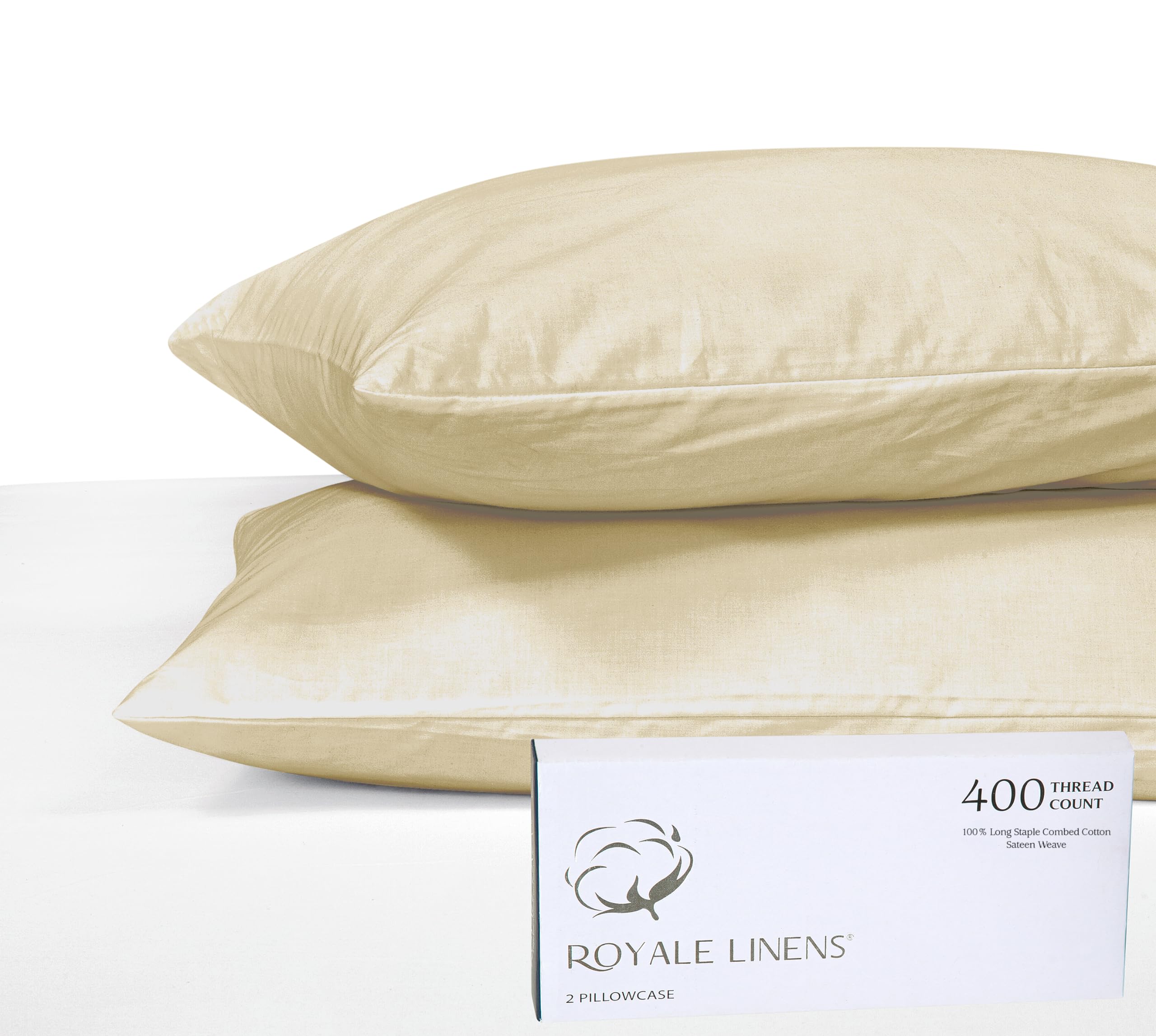 Royale Linens 400 Thread Count 100% American Grown Cotton Pillowcase Set - Luxury Sateen Pillow case - 20"x30" Inch - Soft & Smooth Set of 2 Beige Pillowcases - (Moroccan Sand)