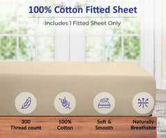 ROYALE LINENS 300 Thread Count 100% Long Staple Combed Cotton Fitted Sheet - Super Soft Deep Pocket Bottom Sheet - Cream Fitted Sheet Queen Size - Queen Fitted Sheet Only - Elastic Sheet (Queen,Cream)