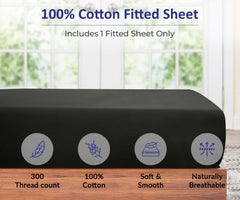 ROYALE LINENS 300 Thread Count 100% Long Staple Combed Cotton Fitted Sheet - Super Soft Deep Pocket Bottom Sheet - Black Fitted Sheet Queen Size - Queen Fitted Sheet Only - Elastic Sheet (Queen,Black)