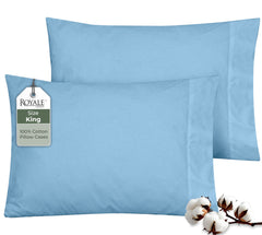 ROYALE LINENS 200 Thread Count 100% Long Staple Combed Cotton Pillowcases Set Of 2 - Ultra Soft - Queen Bed Pillow Cover - 20"x30" - Breathable, Cool & Crisp Percale White (Queen, Lake Blue)