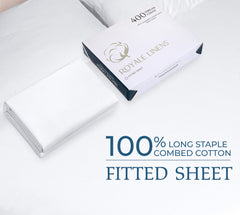 Royale Linens 400 Thread Count 100% American Grown Cotton Fitted Sheet Queen Size - All Around Elastic Fitted Sheet - Luxury Sateen Weave - Snug Fit Bottom Sheet Fit Up To 16" (Queen, Signature White)