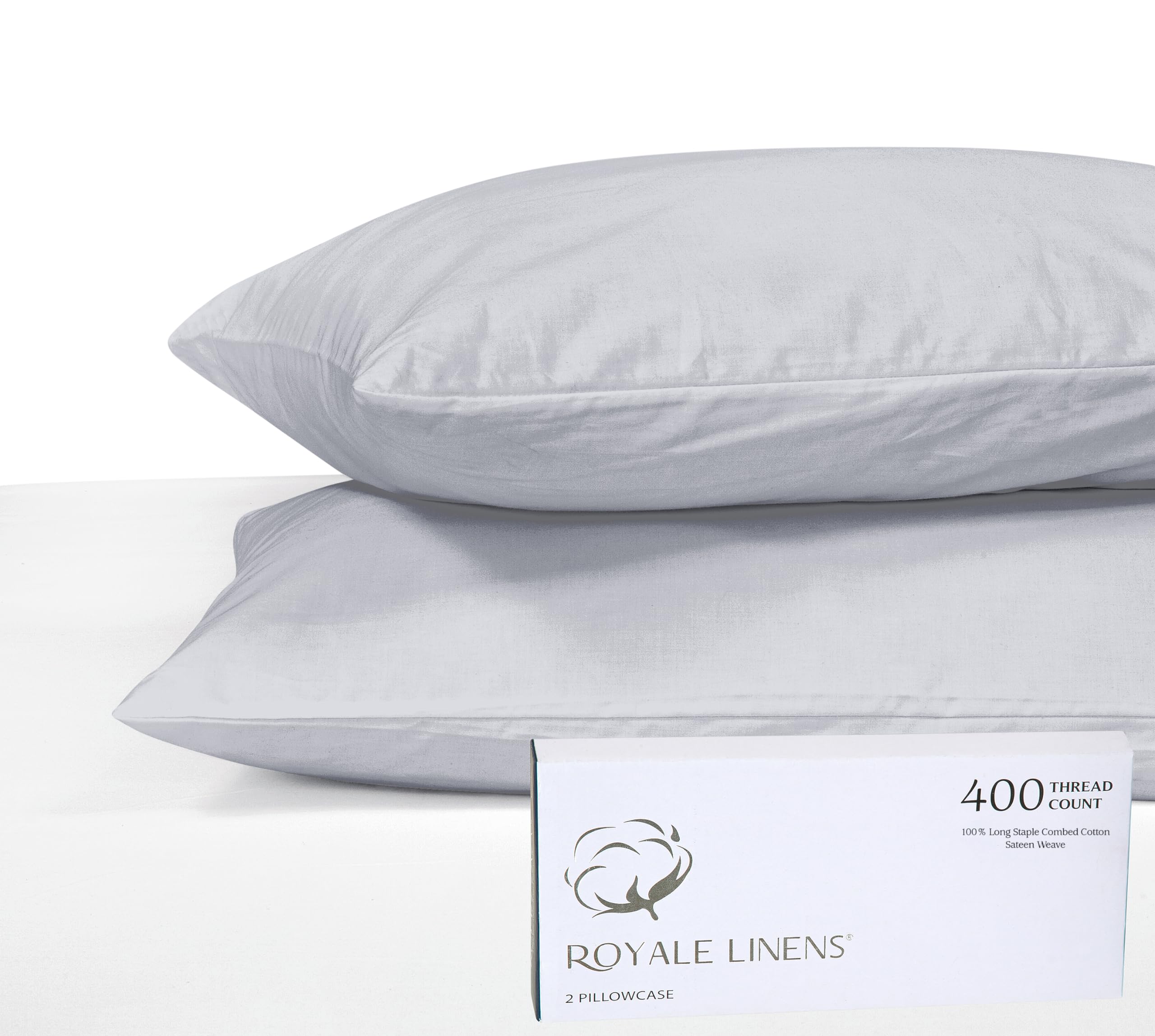 Royale Linens 400 Thread Count 100% American Grown Cotton Pillowcase Set - Luxury Sateen Pillow case - 20"x30" Inch - Soft & Smooth Set of 2 Silver Pillowcases - (Spanish Silver)