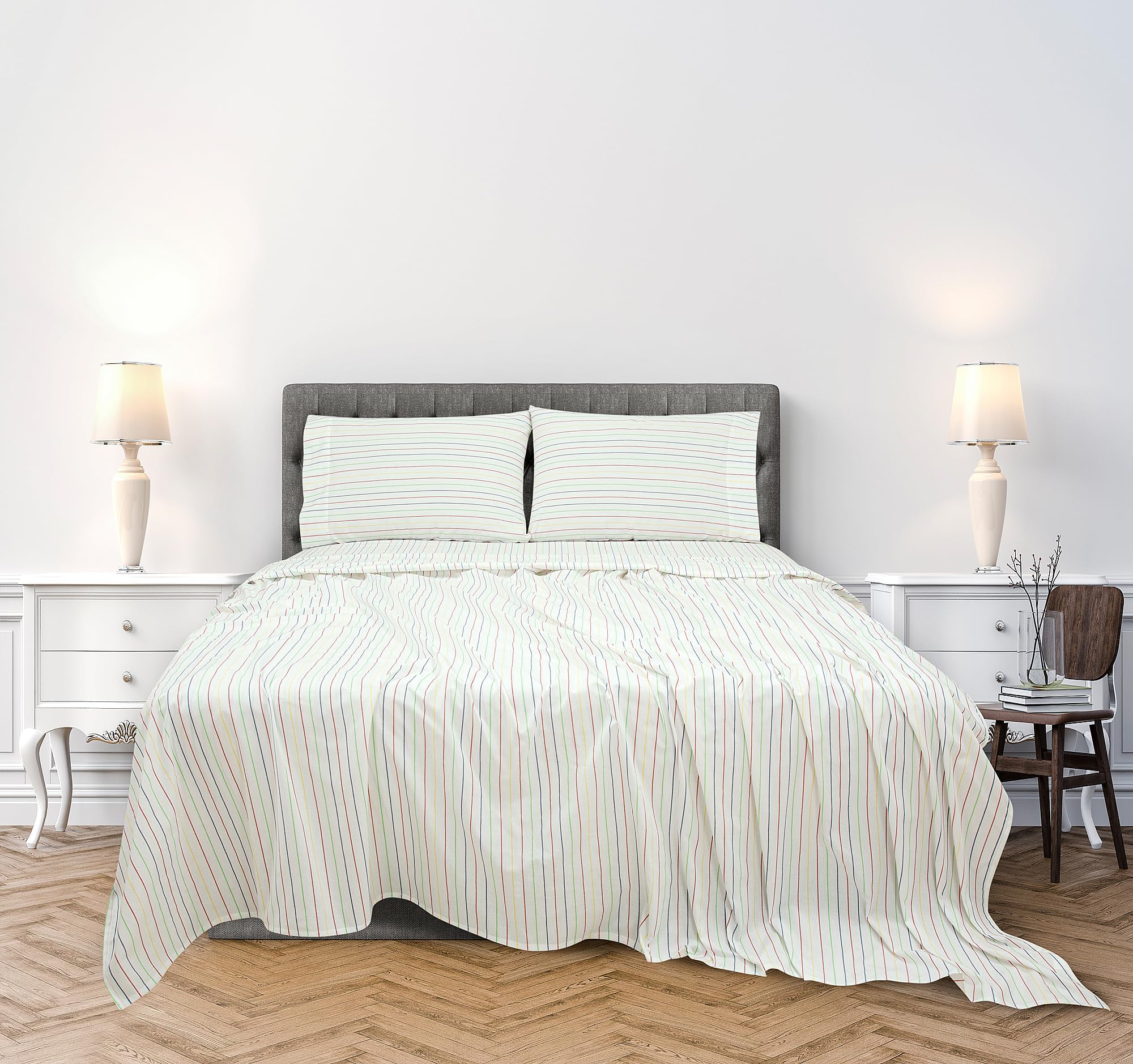 ROYALE LINENS 300 Thread Count 100% Long Staple Combed Cotton Printed Sheet Set - 4 Piece Bed Sheet - 1 Fitted Sheet 1 Flat Sheet 2 Pillowcase - Cool & Crisp Sheet Set ( Stripe Multicolor)