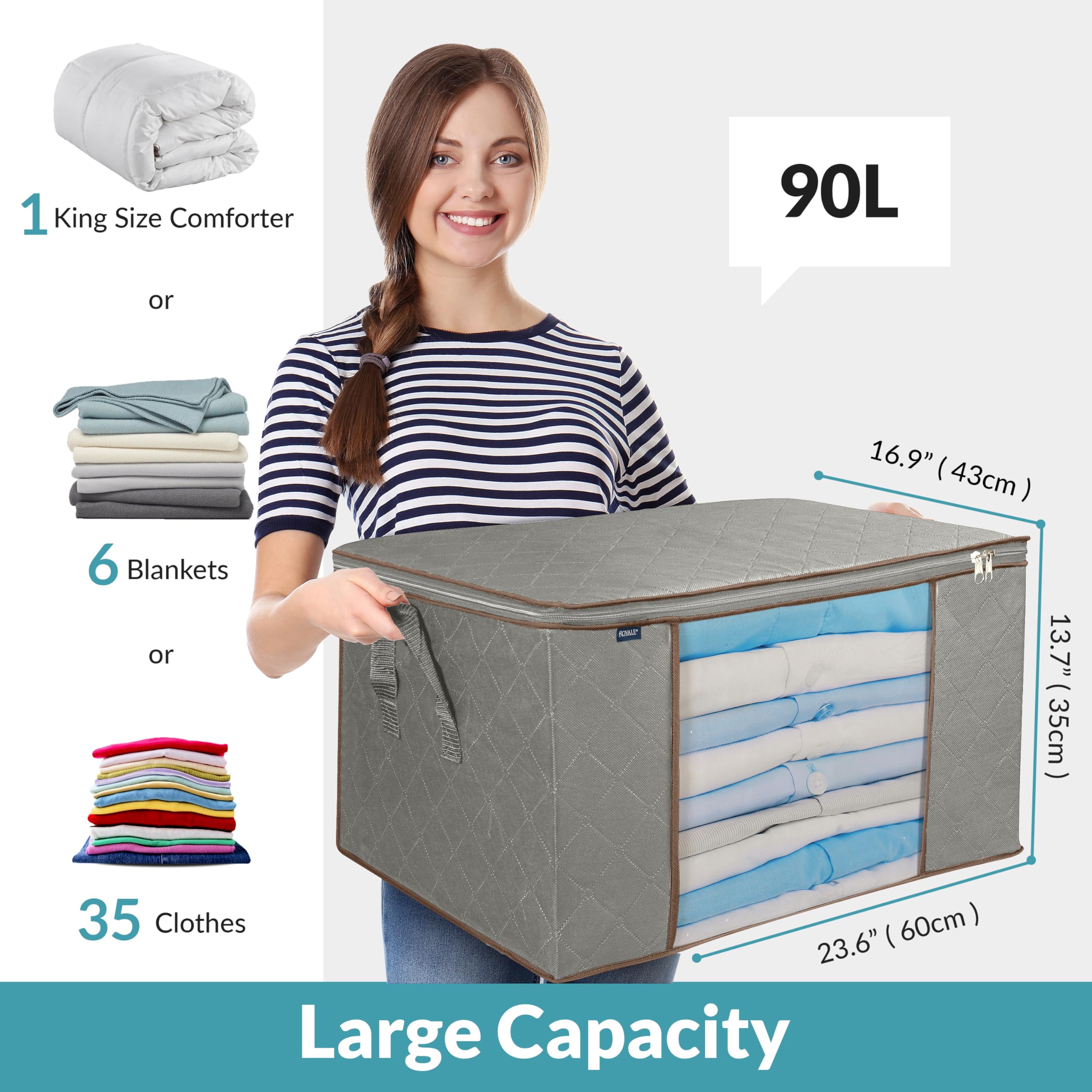 Royale Large Capacity Clothes Storage Bag Organizer with Strong Handle - 90L Fabric Bag- Zipper Closure - Storage Container for Organizing Bedroom, Closet, Clothing, Comforter with Clear Window