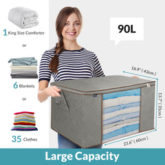 Royale Large Capacity 2 Pack Clothes Storage Bag Organizer with Strong Handle - 90L Fabric Bag- Zipper Closure - Storage Container for Organizing Bedroom, Closet, Clothing, Comforter with Clear Window