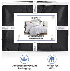 ROYALE Queen Comforter - All Season Down Alternative Bedding Comforter - Lightweight Quilted Comforter with Corner Tabs - Soft Luxury Hotel Comforter - Box Stitched Duvet Insert (Queen, Black & Grey)