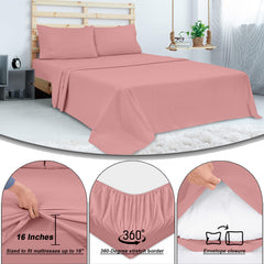 ROYALE LINENS 300 Thread Count 100% Long Staple Combed Cotton Sheet Set - 4 Piece Queen Bed Sheet 1 Fitted Sheet, 1 Flat Sheet, 2 Pillow Case - Breathable, Cool & Crisp Percale Sheet Set (Queen, Pink)