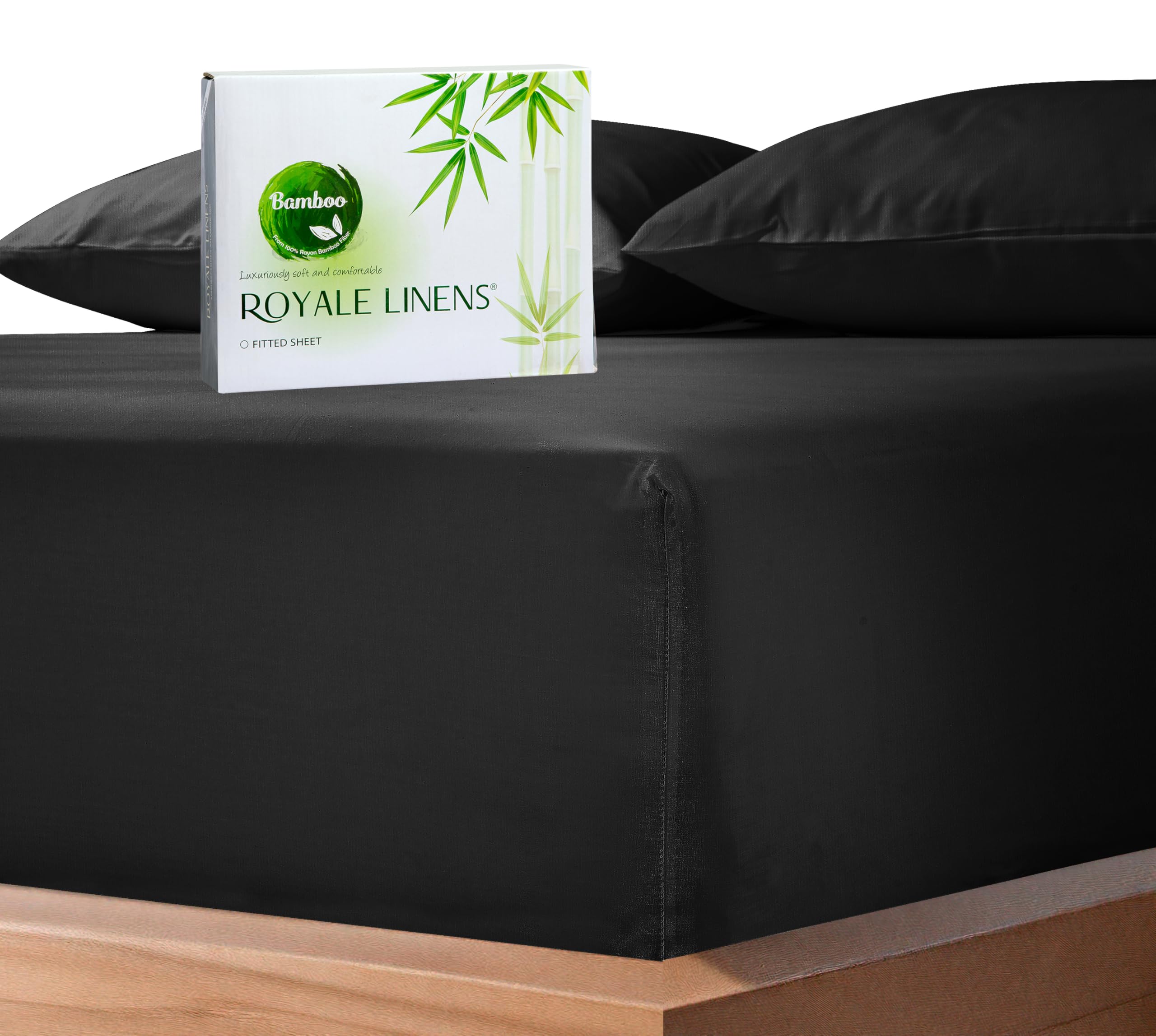 Royale Linens Rayon Derived Bamboo Viscose Fitted Sheet Only - Cooling Fitted Sheets for Bed - Deep Pocket Up to 16" - Organic Viscose Derived from Bamboo - Breathable Bottom Sheet (Black)