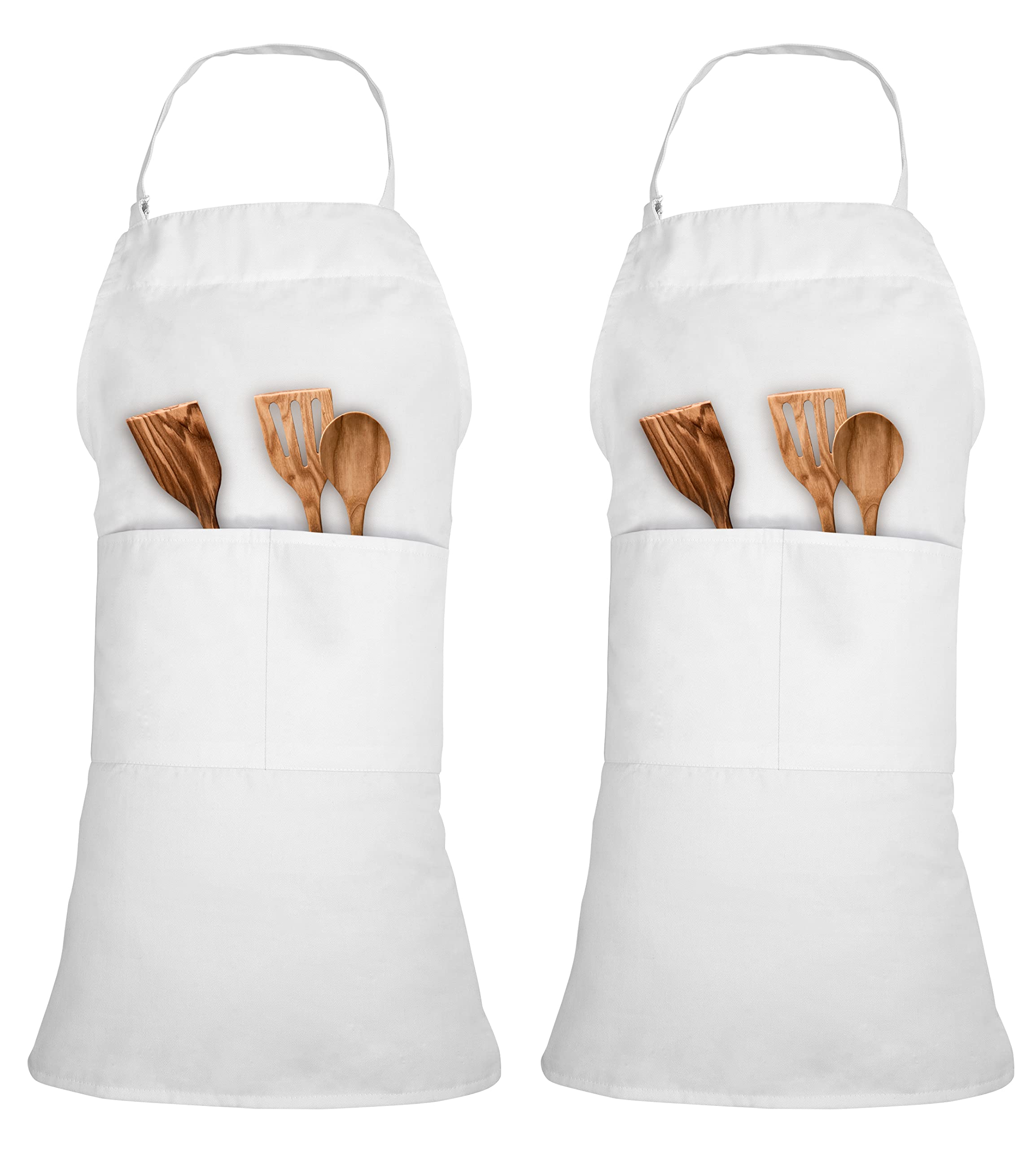 ROYALE LINENS 2 Pack Adjustable Bib Apron with 2 Pockets - Chef Cooking Kitchen Aprons for Women Men Chef (Pack Of 2, White)