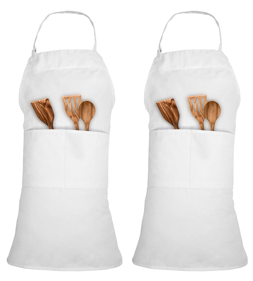 ROYALE LINENS 2 Pack Adjustable Bib Apron with 2 Pockets - Chef Cooking Kitchen Aprons for Women Men Chef (Pack Of 2, White)