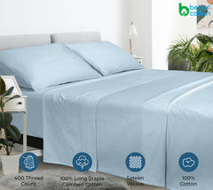 400 Thread Count 100% American Grown Cotton Flat Sheet - Cooling Sheets - Queen Sheets - Luxury Sateen Weave - Queen Flat Sheet Sold Separately - Soft Blue Flat Sheet Only (Queen, Caribbean Blue)