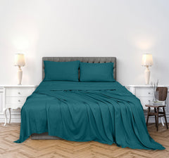 ROYALE LINENS 300 Thread Count 100% Long Staple Combed Cotton Sheet Set - 4 Piece Queen Bed Sheet 1 Fitted Sheet, 1 Flat Sheet, 2 Pillow Case - Breathable, Cool & Crisp Percale Sheet Set (Queen, Teal)