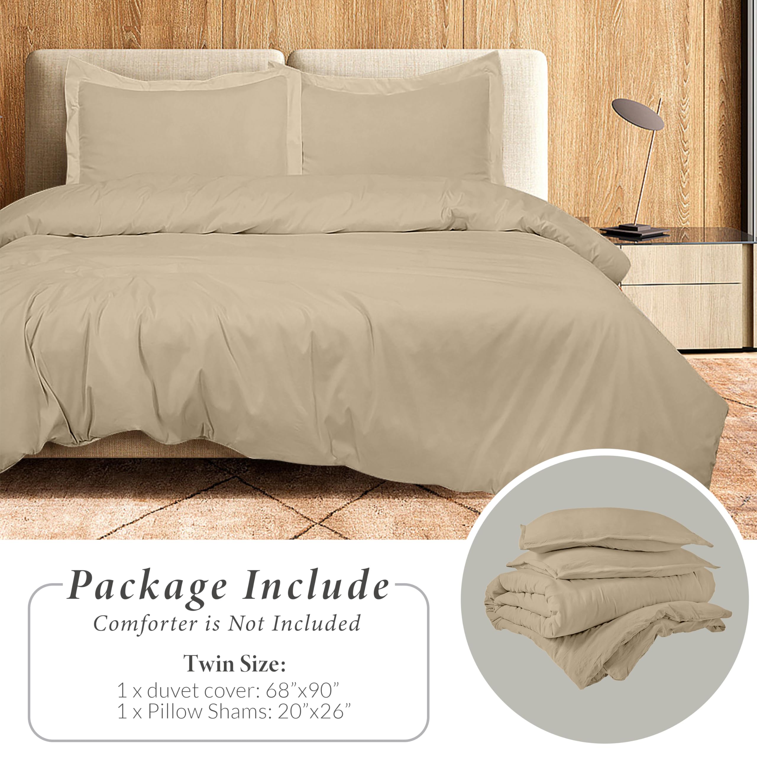 ROYALE LINENS Sand Duvet Cover Queen Size - Queen Duvet Cover Set - 3 Piece Double Brushed Queen Duvet Covers with Zipper Closure, 1 Queen Duvet Cover 90x90 inches and 2 Pillow Shams (Queen, Sand)