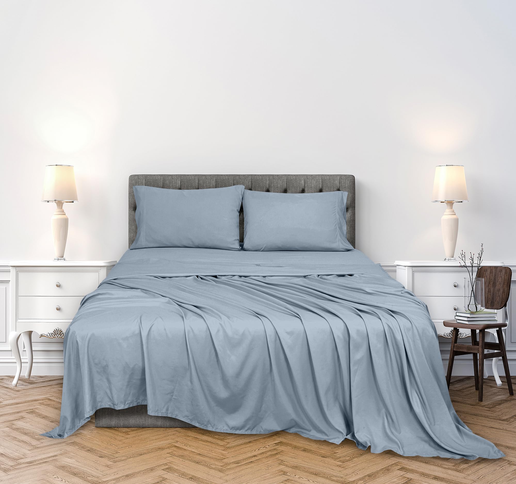 ROYALE LINENS 300 Thread Count 100% Long Staple Combed Cotton Sheet Set - 4 Piece Bed Sheet 1 Fitted Sheet, 1 Flat Sheet, 2 Pillowcases - Breathable, Cool & Crisp Percale Sheet Set (Cool Blue)