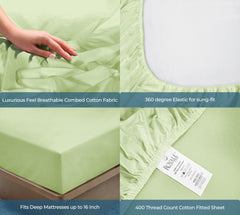 Royale Linens 400 Thread Count 100% American Grown Cotton Fitted Sheet Queen Size - All Around Elastic Fitted Sheet - Luxury Sateen Weave - Snug Fit Bottom Sheet Fit Up To 16" (Queen, Florentine Sage)