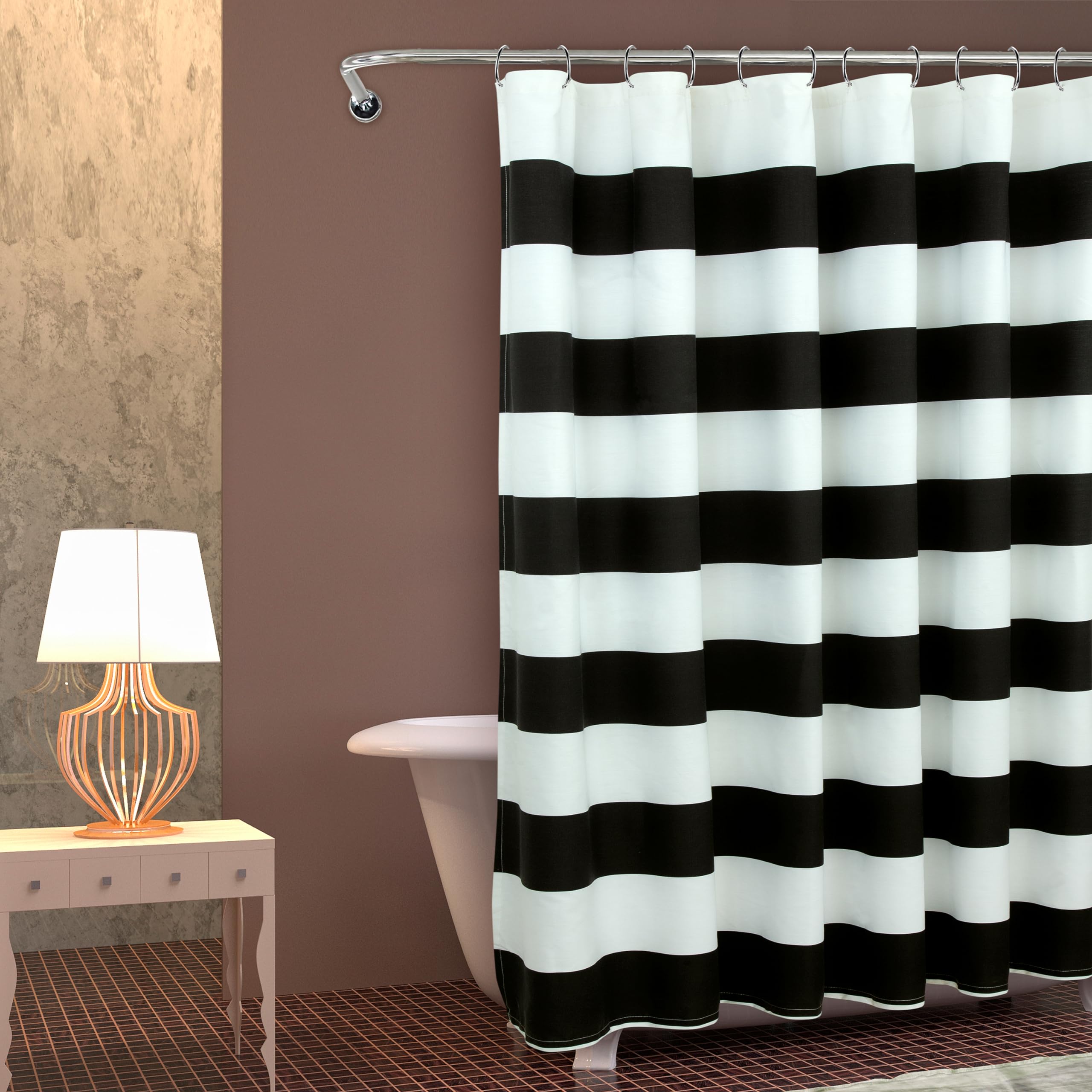 ROYALE LINENS Printed Shower Curtain 72 X 72 Inches - with Reinforced Button Holes - Rugby Stripe Black Design - Machine Washable & Water Resistant Shower Curtains (Standard - Rugby Stripe Black)