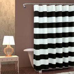 ROYALE LINENS Printed Shower Curtain 72 X 72 Inches - with Reinforced Button Holes - Rugby Stripe Black Design - Machine Washable & Water Resistant Shower Curtains (Standard - Rugby Stripe Black)