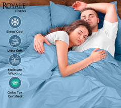 ROYALE LINENS 200 Thread Count 100% Long Staple Combed Cotton Pillowcases Set Of 2 - Ultra Soft - Queen Bed Pillow Cover - 20"x30" - Breathable, Cool & Crisp Percale White (Queen, Lake Blue)