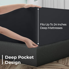 Royale Linens Extra Deep Pocket Queen Fitted Sheet Only - Soft Black Queen Size Fitted Sheet Deep Pocket - Fits 18 inch to 24 inch Thick Mattress - Fitted Sheet Only - Elastic Sheet (Queen, Black)