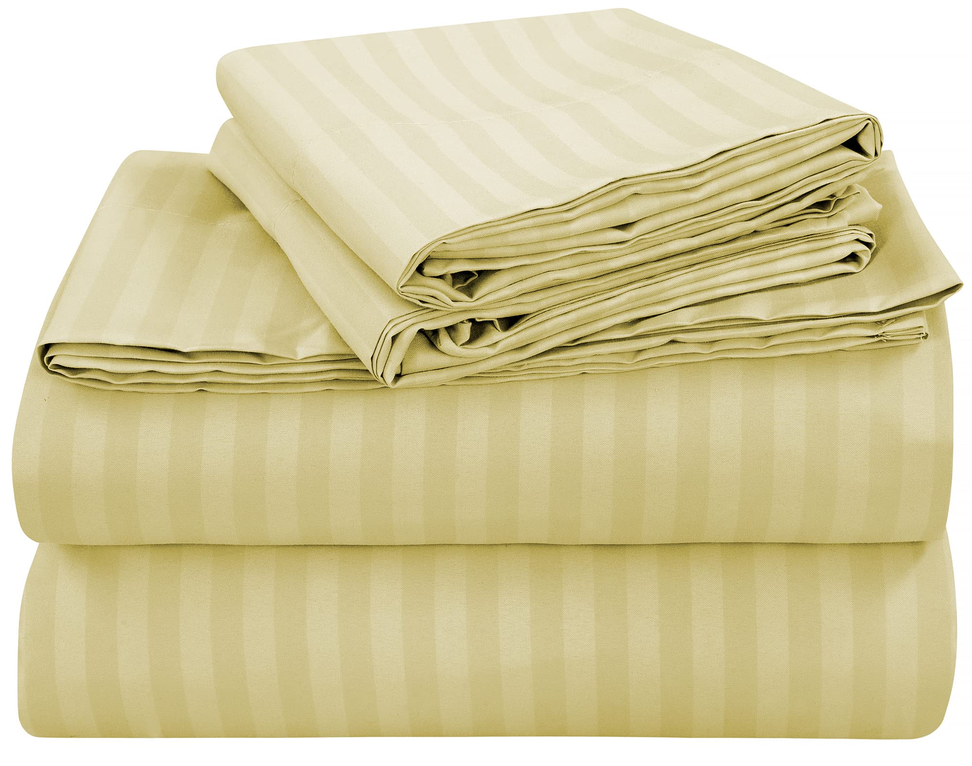 ROYALE LINENS Striped Bed Sheet Set - Microfiber 1800 Bedding - 1 Fitted Sheet, 1 Flat Sheet, 2 Pillowcase - Wrinkle & Fade Resistant - 4 Piece Damask Stripe Bed Sheet Set (Stripe Beige, Queen)