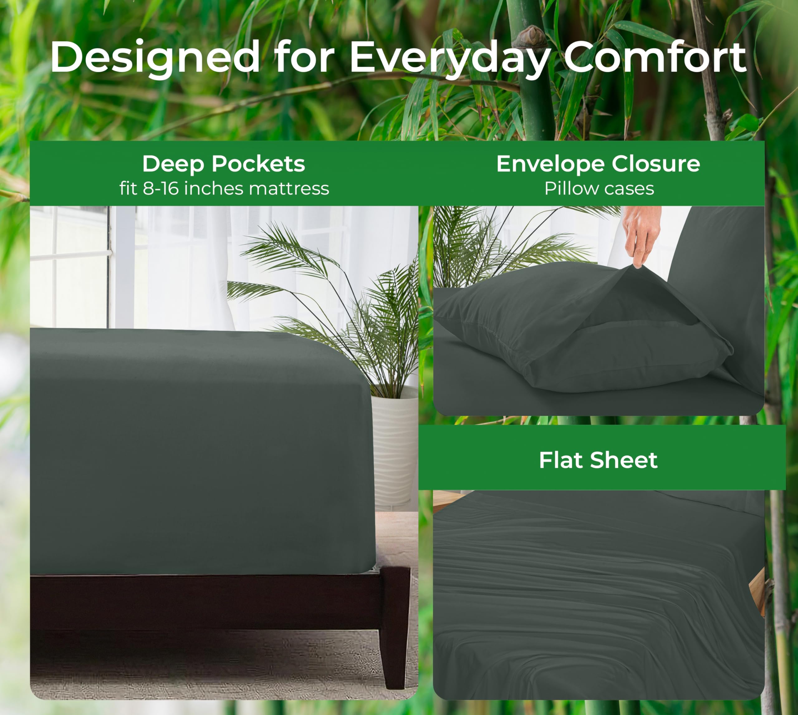 Royale Linens Bamboo Viscose Sheet Set - Cooling Bed Sheet Set - 1 Fitted, 1 Flat & 2 Pillowcase - Fits Up to 16" - Organic Viscose Derived from Bamboo - Bedding Sheet & Pillowcase (Grey)