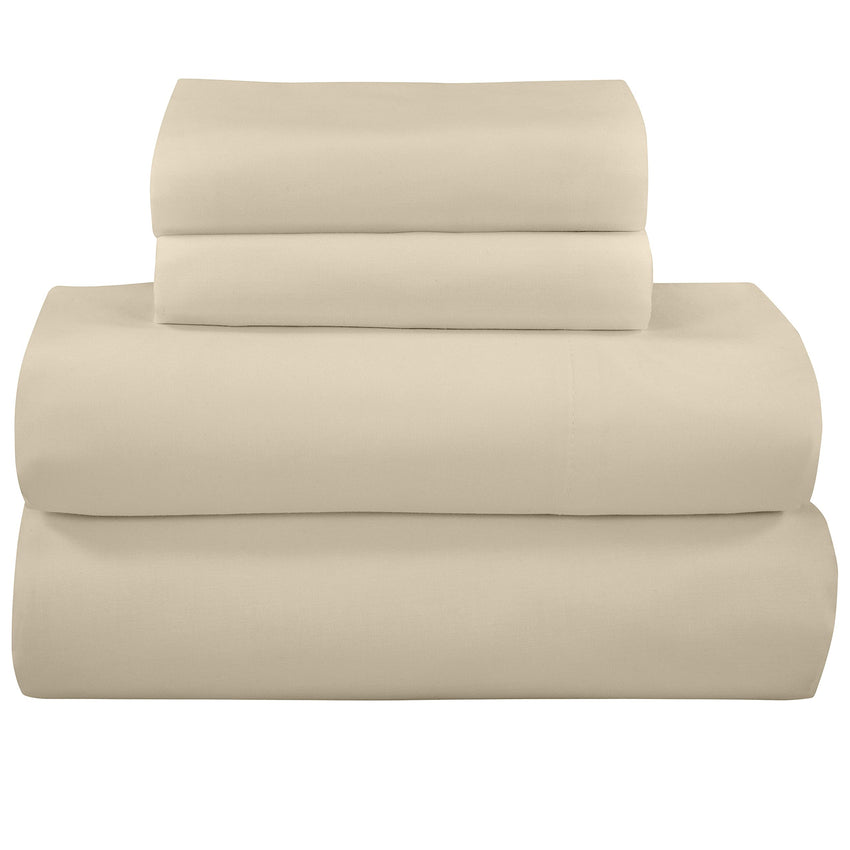 ROYALE LINEN 300 Thread Count 100% Long Staple Combed Cotton Sheet Set - 4 Piece Queen Bed Sheet 1 Fitted Sheet, 1 Flat Sheet, 2 Pillow Case - Breathable, Cool & Crisp Percale Sheet Set (Queen, Cream)