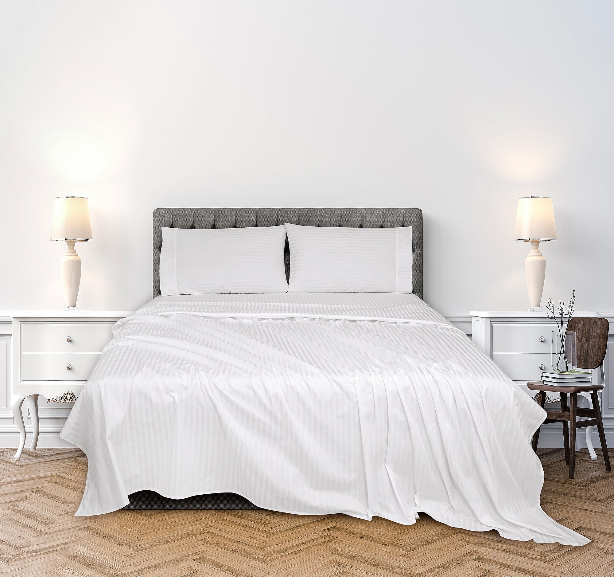 ROYALE LINENS 300 Thread Count 100% Long Staple Combed Cotton Printed Sheet Set - 4 Piece Bed Sheet - 1 Fitted Sheet, 1 Flat Sheet, 2 Pillow case - Cool & Crisp Sheet Set ( Stripe White)