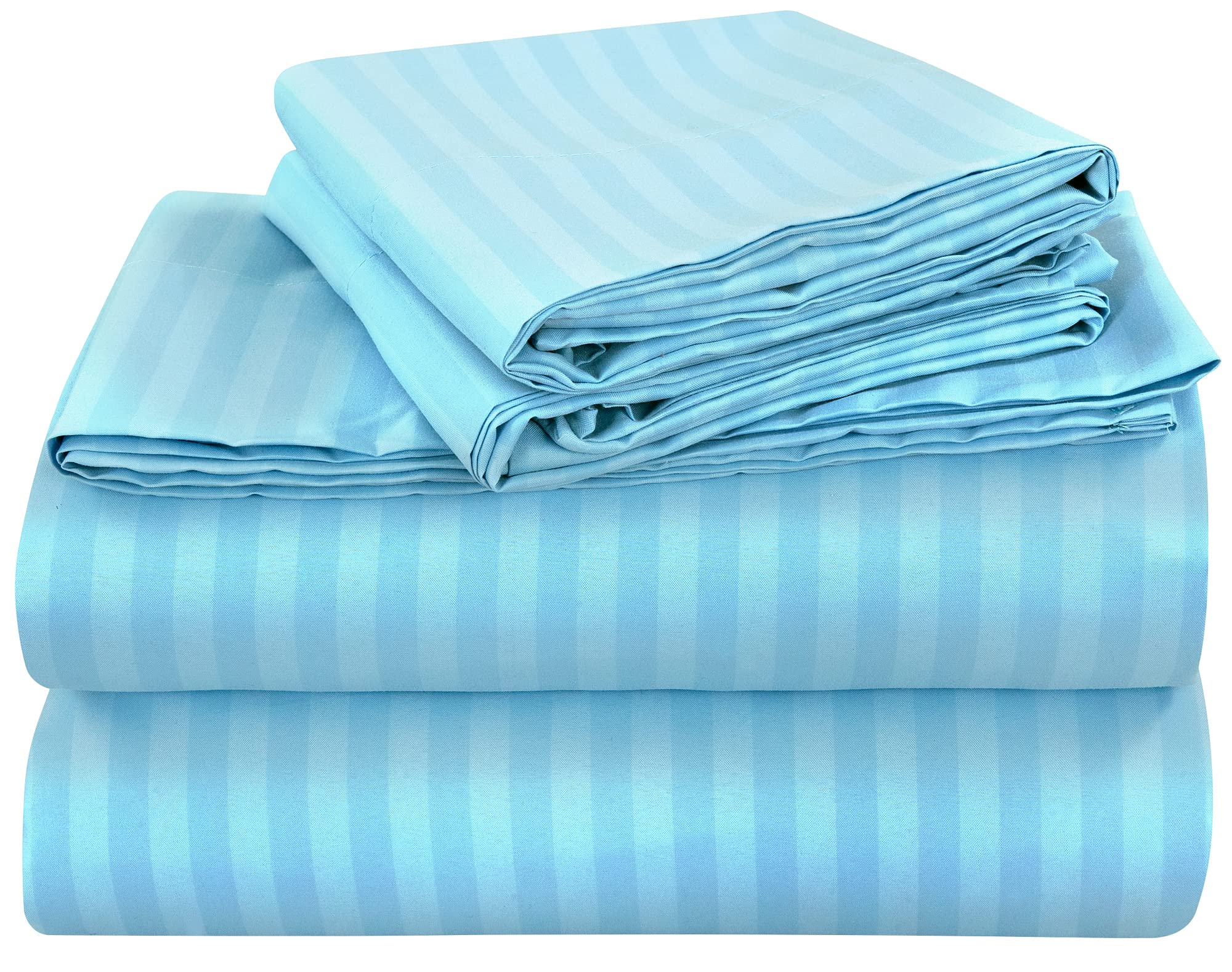 ROYALE LINENS Striped Bed Sheet Set - Microfiber 1800 Bedding - 1 Fitted Sheet, 1 Flat Sheet, 2 Pillowcase - Wrinkle & Fade Resistant - 4 Piece Damask Stripe Bed Sheet Set (Stripe Lake Blue, Queen)