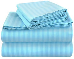 ROYALE LINENS Striped Bed Sheet Set - Microfiber 1800 Bedding - 1 Fitted Sheet, 1 Flat Sheet, 2 Pillowcase - Wrinkle & Fade Resistant - 4 Piece Damask Stripe Bed Sheet Set (Stripe Lake Blue, Queen)