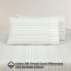 ROYALE LINENS 300 Thread Count 100% Long Staple Combed Cotton Printed Sheet Set - 4 Piece Queen Bed Sheet - 1 Fitted Sheet 1 Flat Sheet 2 Pillowcase - Cool & Crisp Sheet Set (Queen, Stripe Multicolor)