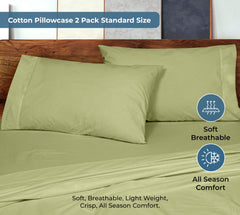 ROYALE LINENS 200 Thread Count 100% Long Staple Combed Cotton Pillowcases Set Of 2 - Ultra Soft - Queen Bed Pillow Cover - 20"x30" - Breathable, Cool & Crisp Percale White (Queen, Sage Green)