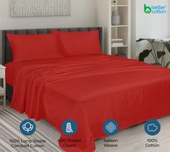 ROYALE LINENS 400 Thread Count 100% American Grown Cotton 4 Piece Sateen Queen Sheet Set - 1 Fitted Sheet, 1 Flat Sheet, 2 Pillow case - Red Queen Bedsheet - Cotton Sheets - (Queen, Red)