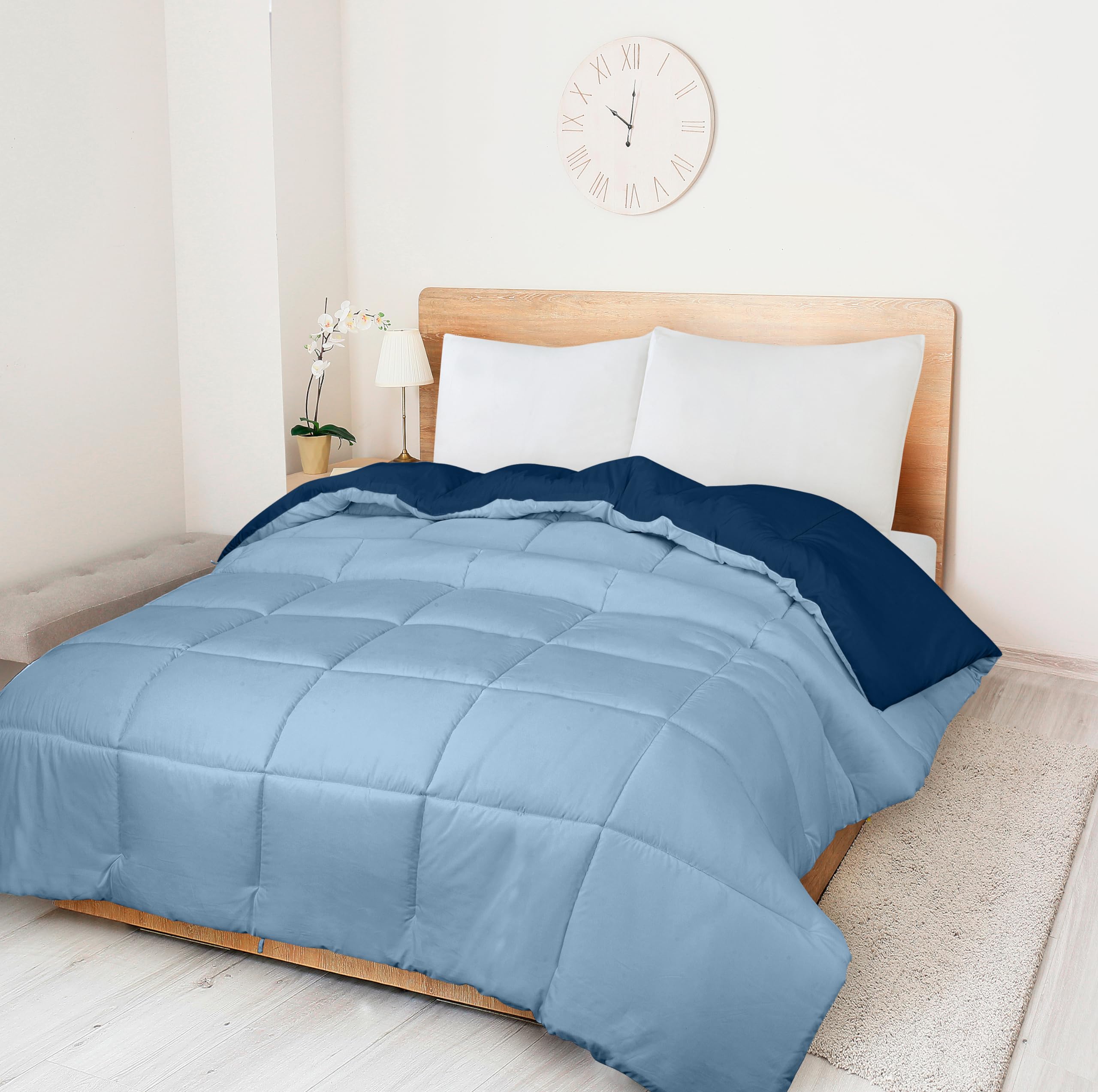 ROYALE Comforter - All Season Down Alternative Bedding Comforter - Lightweight Quilted Comforter with Corner Tabs - Luxury Hotel Comforter - Box Stitched Duvet Insert (Navy & Lake Blue)